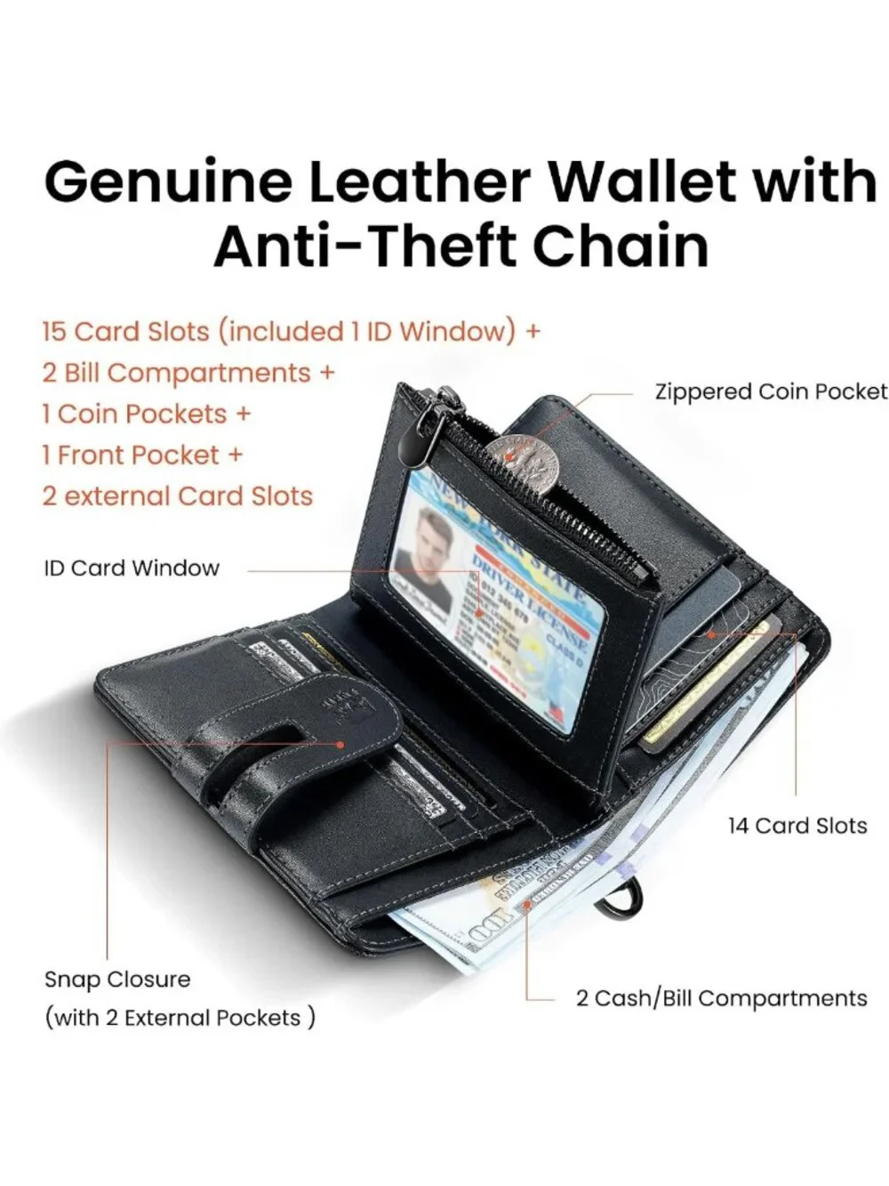 Stylish Genuine Leather Men's Bifold Wallet with RFID, Zipper Pocket & Chain